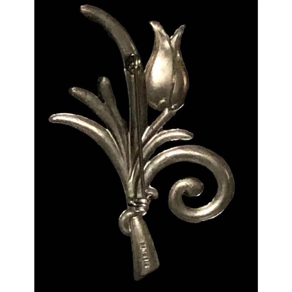 Sterling Silver Tulip Flower Ribbon Brooch Pin Signed Jewelry Art Deco
